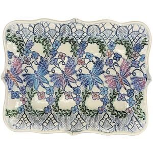 Ceramic Butterfly Floral Platter 14x11 Lace Motif Tray Purple Blue Pink Green